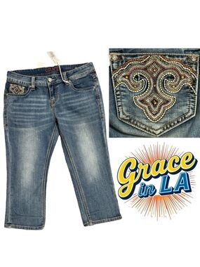 Grace in LA low rise jean capris with embroidery and crystal embellishments